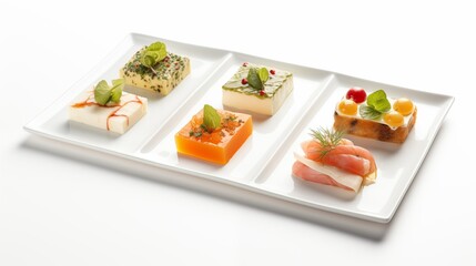 A white plate showcasing a diverse array of six appetizing food items.