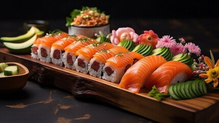 japanese sushi food. Maki ands rolls with tuna, salmon, shrimp, crab and avocado. Top view of assorted sushi. Rainbow sushi roll, uramaki, hosomaki and nigiri.