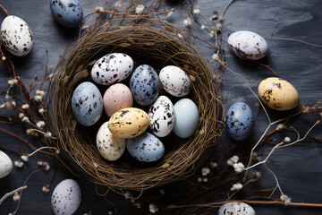 easter eggs in a nest - obrazy, fototapety, plakaty