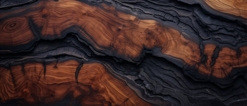 Oak wood abstract background with wood grain burnt texture. Old rustic ancient hardwood wave grilling graphic resource. Three-dimensional dark wooden banner, luxury golden brown earth tones by Vita 