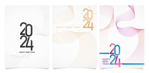 vector illustration three set 2024 fonts numbers templates isolated backgrounds for New Year calendar, covering, social media header, greeting cards, screen printing, catalogue booklet, magazine cover