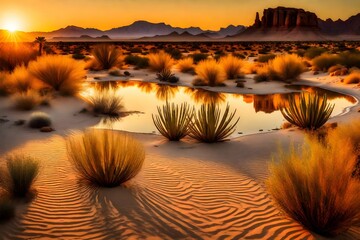 A mesmerizing desert oasis bathed in the warm glow of the setting sun.