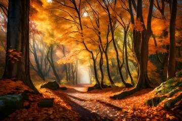 An enchanting forest path during the autumn season. 