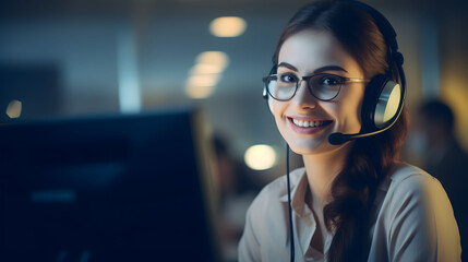 Woman talking on cell phone, customer care, call center assistant  - obrazy, fototapety, plakaty