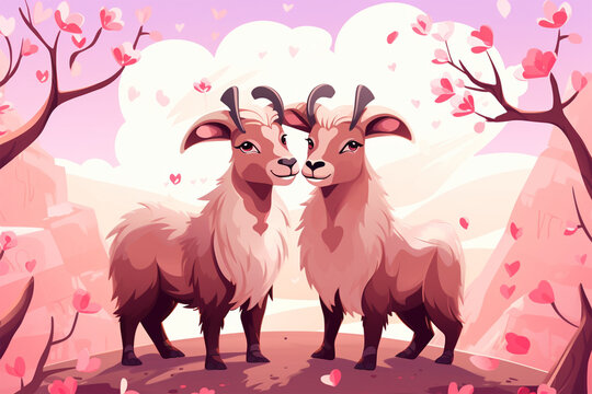 cartoon illustration of a pair of goats loving each other