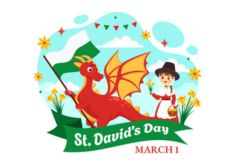 Obraz na płótnie Canvas Happy St David's Day Vector Illustration on March 1 with Welsh Dragons and Yellow Daffodils in Celebration Holiday Flat Cartoon Background Design