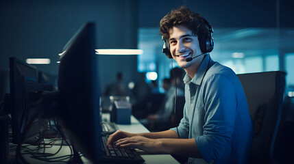 Man talking on cell phone, customer care, call center assistant  - obrazy, fototapety, plakaty