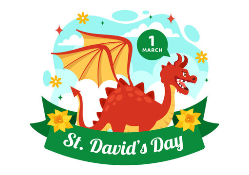 Happy St David's Day Vector Illustration on March 1 with Welsh Dragons and Yellow Daffodils in Celebration Holiday Flat Cartoon Background Design