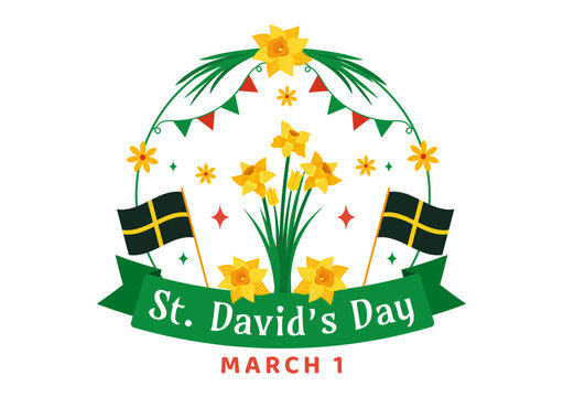 Happy St David's Day Vector Illustration on March 1 with Welsh Dragons and Yellow Daffodils in Celebration Holiday Flat Cartoon Background Design
