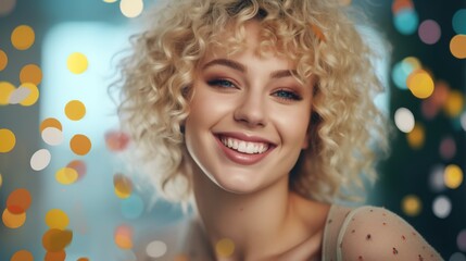 Fototapeta na wymiar Portrait of a charming girl with curly hair , positive expressions 