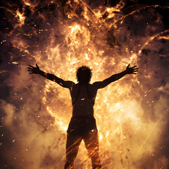 Silhouette of a person standing in front of flames with their arms outstretched 