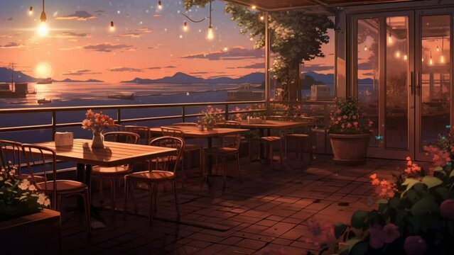 Lofi Cozy cafe animation concept background, cafe atmosphere with sunset view, Anime illustration style. Smooth looping time-lapse animation. Generated with AI