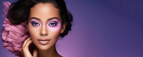 Fototapeta premium Radiant and Mesmerizing. Woman with Exquisite and Innovative Makeup Transformation. Beauty Banner concept