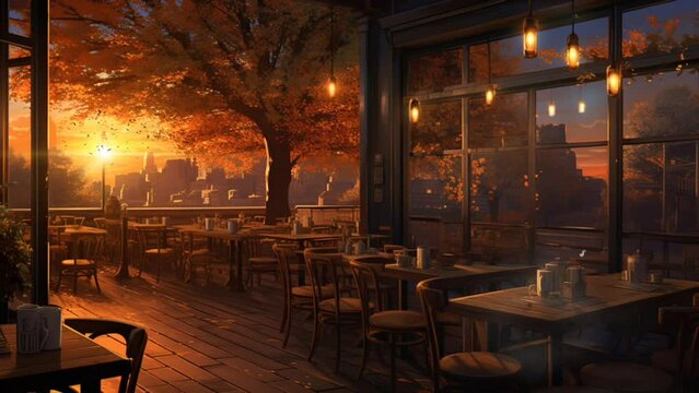 Lofi Cozy cafe animation concept background, cafe atmosphere with sunset view, Anime illustration style. Smooth looping time-lapse animation. Generated with AI