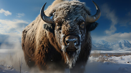 American Bison (Bison bison) foraging in snow during winter. generative ai - obrazy, fototapety, plakaty