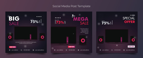 Social media post template with television set in dark purple abstract background for advertising