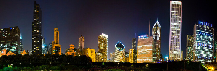 Chicago Skyline at Night - Illuminated High-Rise Buildings and Urban Panorama