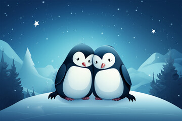 cartoon illustration of a pair of penguins
 loving each other