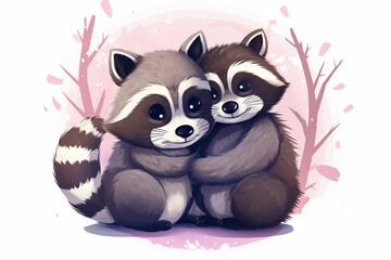 cartoon illustration of a pair of raccoons
 loving each other - obrazy, fototapety, plakaty