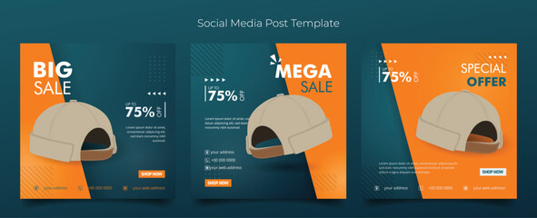 Social media post template with batch hat in orange green geometric background for shop advertising - obrazy, fototapety, plakaty