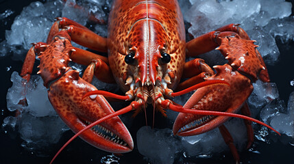 Raw lobster on ice on dark background top view. generative ai
