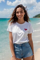 Young Woman Enjoying the Beach in a Bright, Trendy T-Shirt