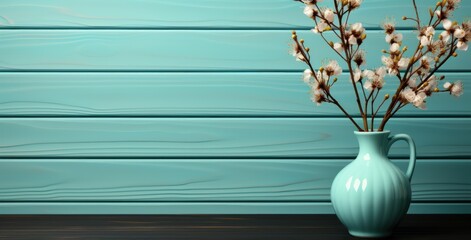 Serene White Vase with Willow Catkin Branches on Blue Wooden Wall