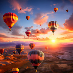 A cluster of hot air balloons against a sunrise sky