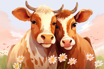 cartoon illustration of a pair of cows
 loving each other