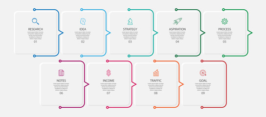 business infographic tamplate. thin line design
with icons, text, number and 9 options or steps.
used for process diagrams, workflow layouts, flowcharts, info graphics, 
and your presentations