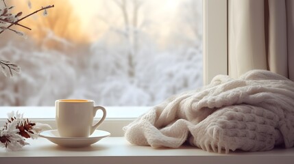 Cozy warm winter composition with cup of hot coffee or chocolate, cozy blanket and snowy landscape on sunny winter day. Winter home decor. Christmas. New Years Eve.
