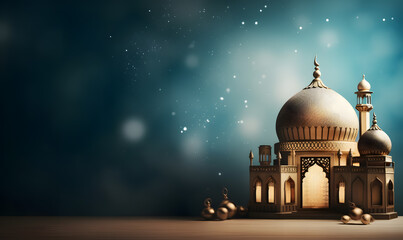 Fototapeta premium Beautiful Islamic mosque building background, Islamic wallpaper, Ramadan Kareem, Eid al-Fitr, Eid al-Adha, Eid Eid Mubarak copy space. 