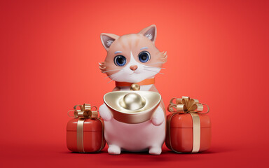 3D cartoon style cute cat and Chinese gold ingot, 3d rendering.