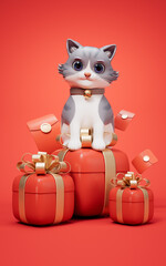 3D cartoon style cute cat and gift box, 3d rendering.