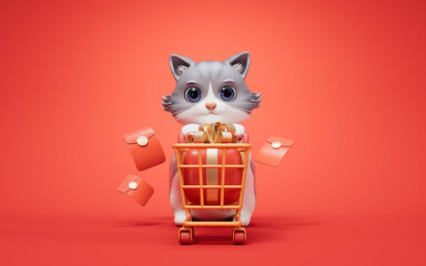 3D cartoon style cute cat and shopping cart, 3d rendering.