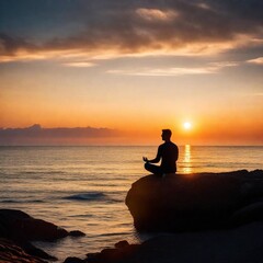 silhouette of a person meditating on the beach