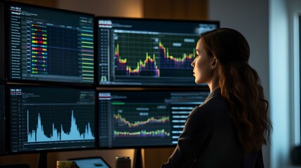 A female data scientist extracting insights from big data analysis. Her screen is filled with large data sets and graphs. generative AI