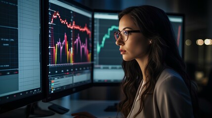 A female data scientist extracting insights from big data analysis. Her screen is filled with large data sets and graphs. generative AI