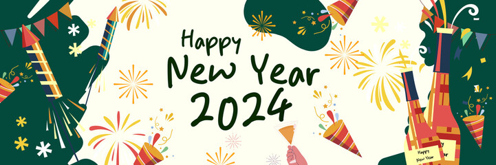 happy new year 2024 with a green background - obrazy, fototapety, plakaty