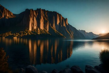 Majestic cliffs overlooking a tranquil lake, with the first light of dawn reflecting off the...