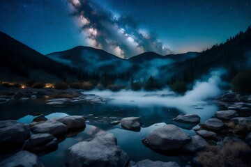 A network of natural  springs, steam rising in the crisp mountain air under a starlit sky.