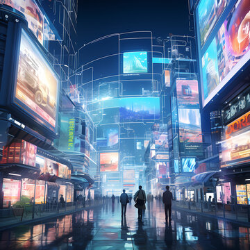 Futuristic City Skyline With Holographic Advertisements And Bustling Energy