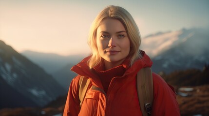 Portrait of a beautiful solo traveler young woman wearing warm clothes outdoor adventure 