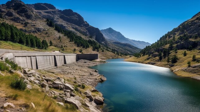 An artificial lake (Embassament de Cavallers) is formed with the concrete dam (panta de Cavallers)