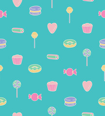 Vector Seamless Pattern Colorful Candy Sweets Food Design Illustration On Tosca Background  Wallpaper