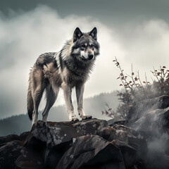 A lone wolf standing on a rocky ledge