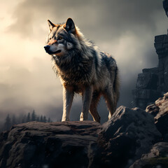 A lone wolf standing on a rocky ledge