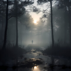 A misty forest with a mysterious figure in the distance