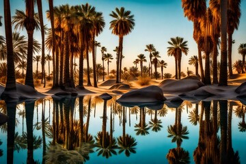 A serene desert oasis, palm trees casting reflections in the clear waters of a peaceful lagoon. 