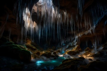 A network of caves adorned with glittering crystals, illuminated by soft, ethereal light. 